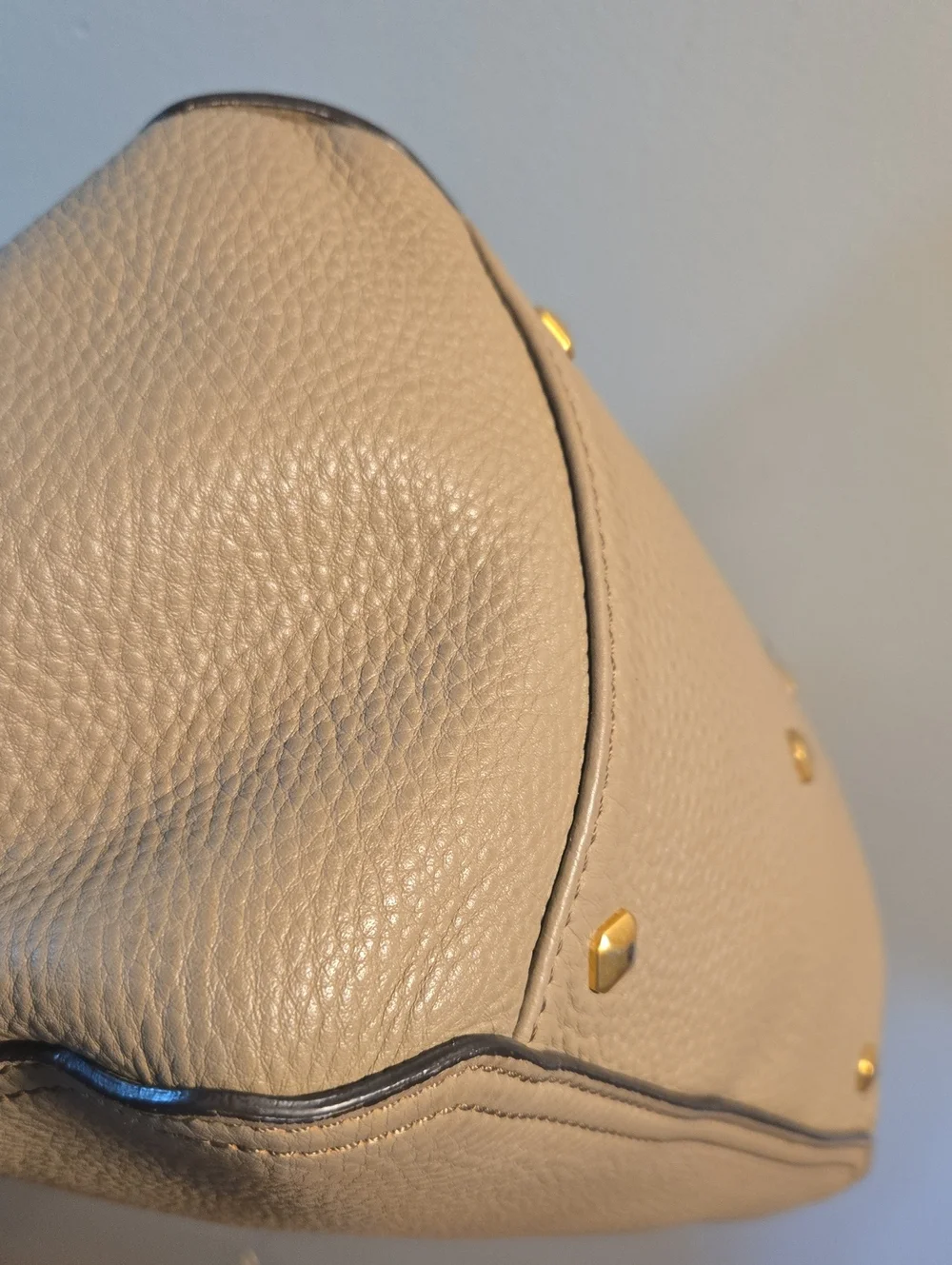 MCM Pebbled Taupe Leather Satchel with Gold Plaque